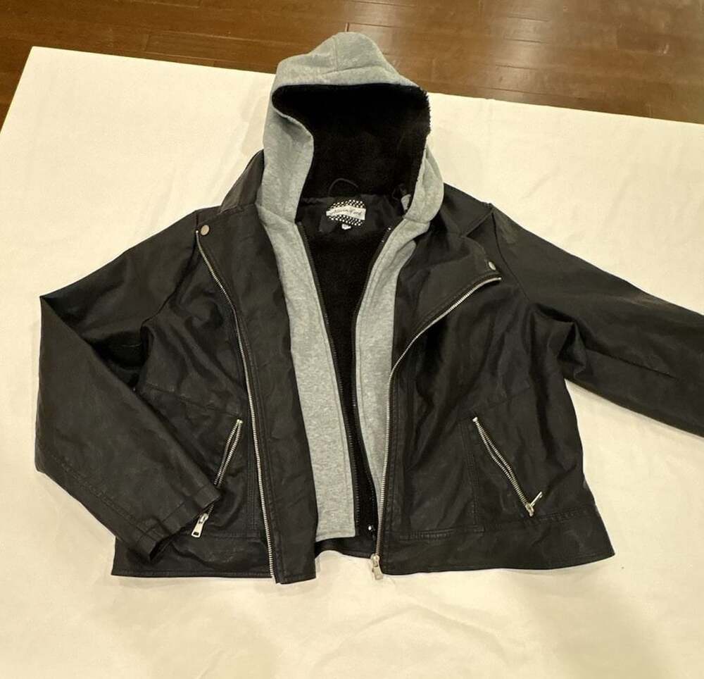Alivia Ford Faux Leather Jacket Size 2X Black Gray Hooded Moto